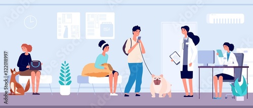 Veterinary clinic. Veterinarian services reception, queue to veterinarian doctor. Vet office animal health caring hospital. Pet owners with dogs vector illustration. Veterinarian hospital to reception photo