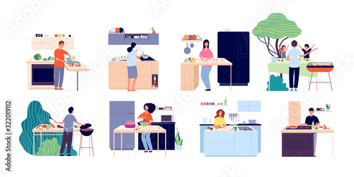 People cooking. Woman preparing salad, kitchen and outdoor eating. Men women dining, eat food and bake. Happy culinary vector illustration. Cooking kitchen , culinary dining, homemade prepare