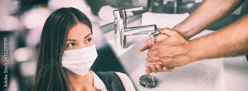 Coronavirus Wuhan China outbreak Asian chinese woman wearing face mask versus man washing hands in hot water rubbing in soap panoramic banner. photo