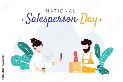 National Salesperson day horizontal banner template. Man packing sausage into bag for female customer in front of the store. Show respect to shopkeepers. Salesmen, shop workers professional holiday.