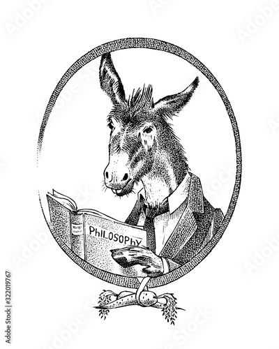 Donkey philosopher character or goat thinker. Hand drawn Animal person portrait. Engraved monochrome sketch for card, label or tattoo. Hipster Anthropomorphism.
