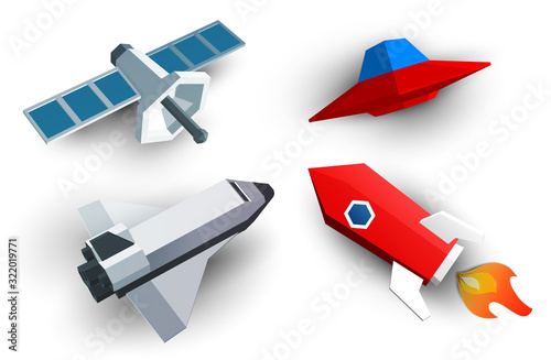 Fototapeta Naklejka Na Ścianę i Meble -  Cartoon rocket, ufo, satellite and shuttle isolated on white background. Set of colorful space ships in polygonal geometric style. Vector illustration for children education or science design.