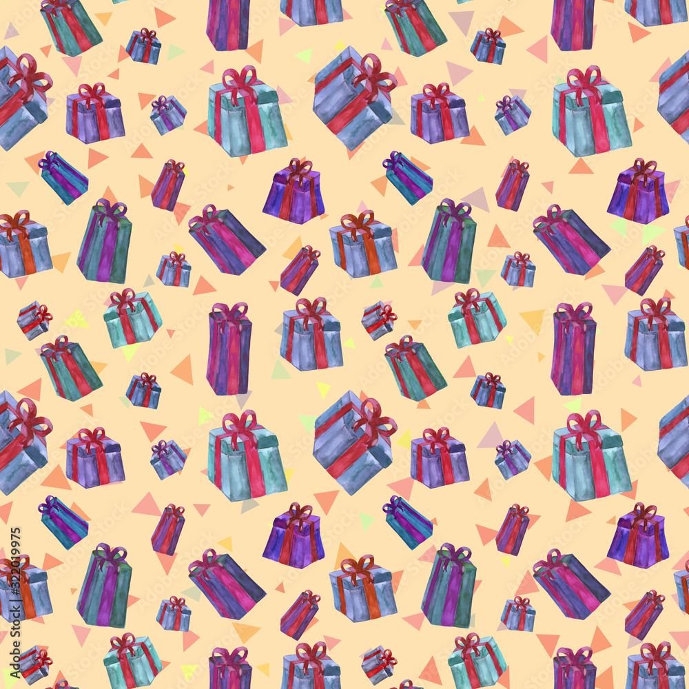 Seamless pattern with gift boxes. Background. Design for wrapping paper, packaging, printing on fabrics, clothing, products. Seamless pattern with gift boxes. Background. Design for wrapping paper, packaging, printing on fabrics, clothing, products.