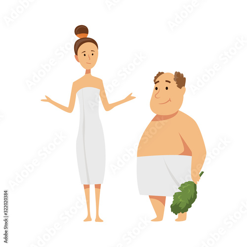 Man and woman. Bathhouse or banya procedure. Vector flat people. Activity for wellness and recreation. People Enjoying Sauna Procedures
