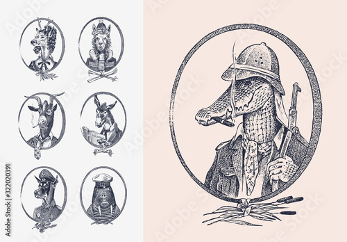 Animal characters set. Crocodile safari hunter Llama Deer lady Walrus Goat Dog Donkey Alpaca. Hand drawn portrait. Engraved monochrome sketch for card, label or tattoo. Hipster Anthropomorphism.