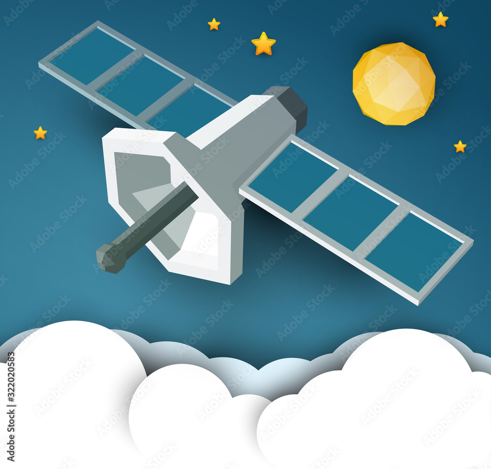 Space satellite fly in space with planet and stars. Science concept inspiration. Paper art cartoon 3d realistic trendy craft style. Modern origami design template. Funny cute vector illustration. Stock Vector | Adobe Space satellite fly in space with planet and stars. Science concept inspiration. Paper art cartoon 3d realistic trendy craft style. Modern origami design template. Funny cute vector illustration. Stock Vector | Adobe