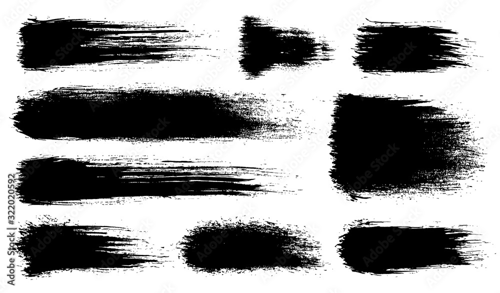 Vector set of grunge artistic brush strokes, brushes. Creative design elements. Grunge watercolor wide brush strokes. Black collection isolated on white background Vector set of grunge artistic brush strokes, brushes. Creative design elements. Grunge watercolor wide brush strokes. Black collection isolated on white background