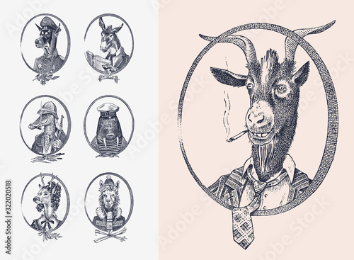 Animal characters set. Smoking Goat Llama skier Deer lady Walrus Crocodile Dog Donkey Alpaca. Hand drawn portrait. Engraved monochrome sketch for card, label or tattoo. Hipster Anthropomorphism.