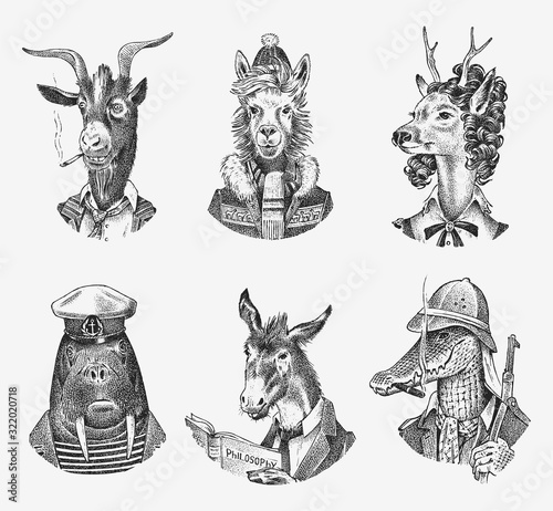 Animal characters set. Llama skier Deer lady Walrus Crocodile Smoking Goat Dog Donkey Alpaca. Hand drawn portrait. Engraved monochrome sketch for card, label or tattoo. Hipster Anthropomorphism.