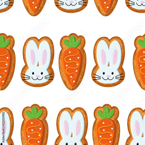 . Bunny and carrot with different pattern icing. Vector seamless pattern. Easter gingerbread cookies design..