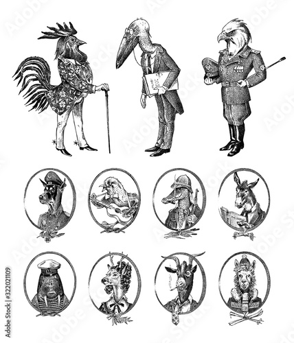 Animal characters set. Bald eagle Rooster Stork Walrus Crocodile Goat Dog Donkey Alpaca Llama Deer. Hand drawn portrait. Engraved monochrome sketch for card, label or tattoo. Hipster Anthropomorphism.