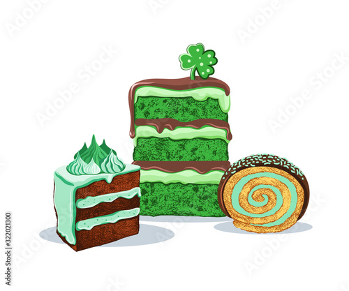 .Delicious St. Patricks Day Green Desserts ..Mint Chocolate Cakes and Biscuit Roll . Set of isolated objects on a white background. Vector illustration..