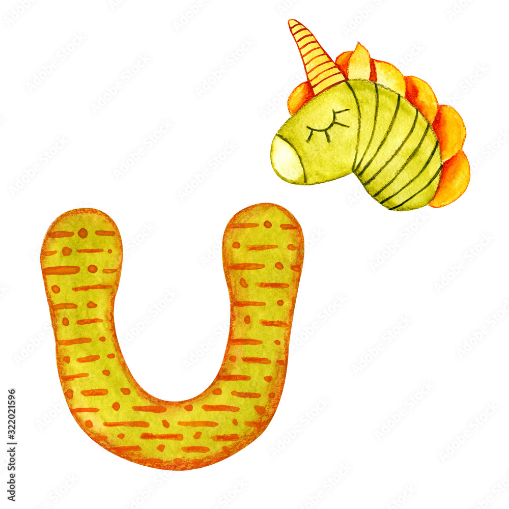 Letter U of multi-colored cartoon English alphabet with pictures. Hand closeup watercolor illustration isolated on white background. The concept of training and design of children's products. Letter U of multi-colored cartoon English alphabet with pictures. Hand closeup watercolor illustration isolated on white background. The concept of training and design of children's products.