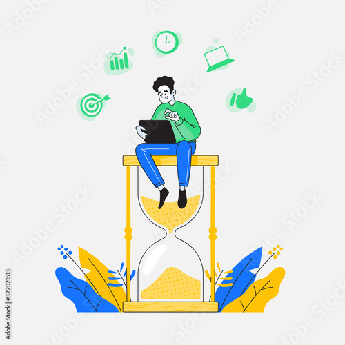 Happy man or guy sitting on hourglass and working on his tablet, business and management icons on background. Time management, multitasking and deadline concept, vector illustration