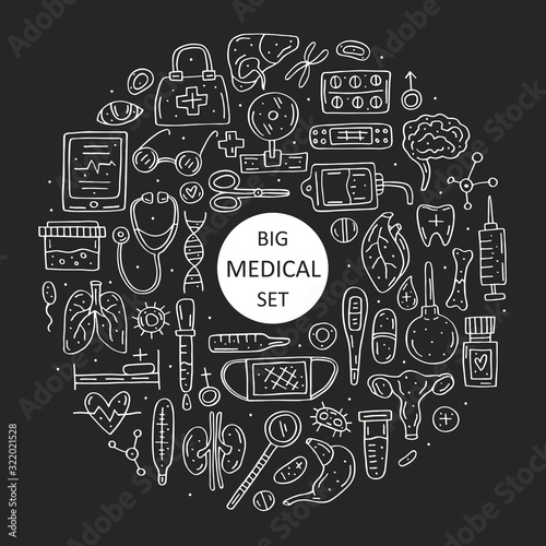 Medicine equipment, organs cartoon doodle hand drawn vector illustration, clip art, set of elements, stickers, icons.  Chalk board design. Isolated on dark background. Easy to change color. 