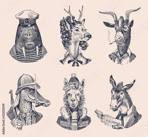 Animal characters set. Deer lady Walrus Crocodile Smoking Goat Dog Donkey Alpaca Llama skier. Hand drawn portrait. Engraved monochrome sketch for card, label or tattoo. Hipster Anthropomorphism.