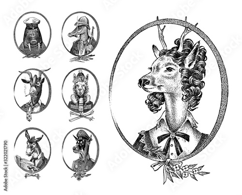 Animal characters set. Deer lady Walrus Crocodile Smoking Goat Dog Donkey Alpaca Llama skier. Hand drawn portrait. Engraved monochrome sketch for card, label or tattoo. Hipster Anthropomorphism.