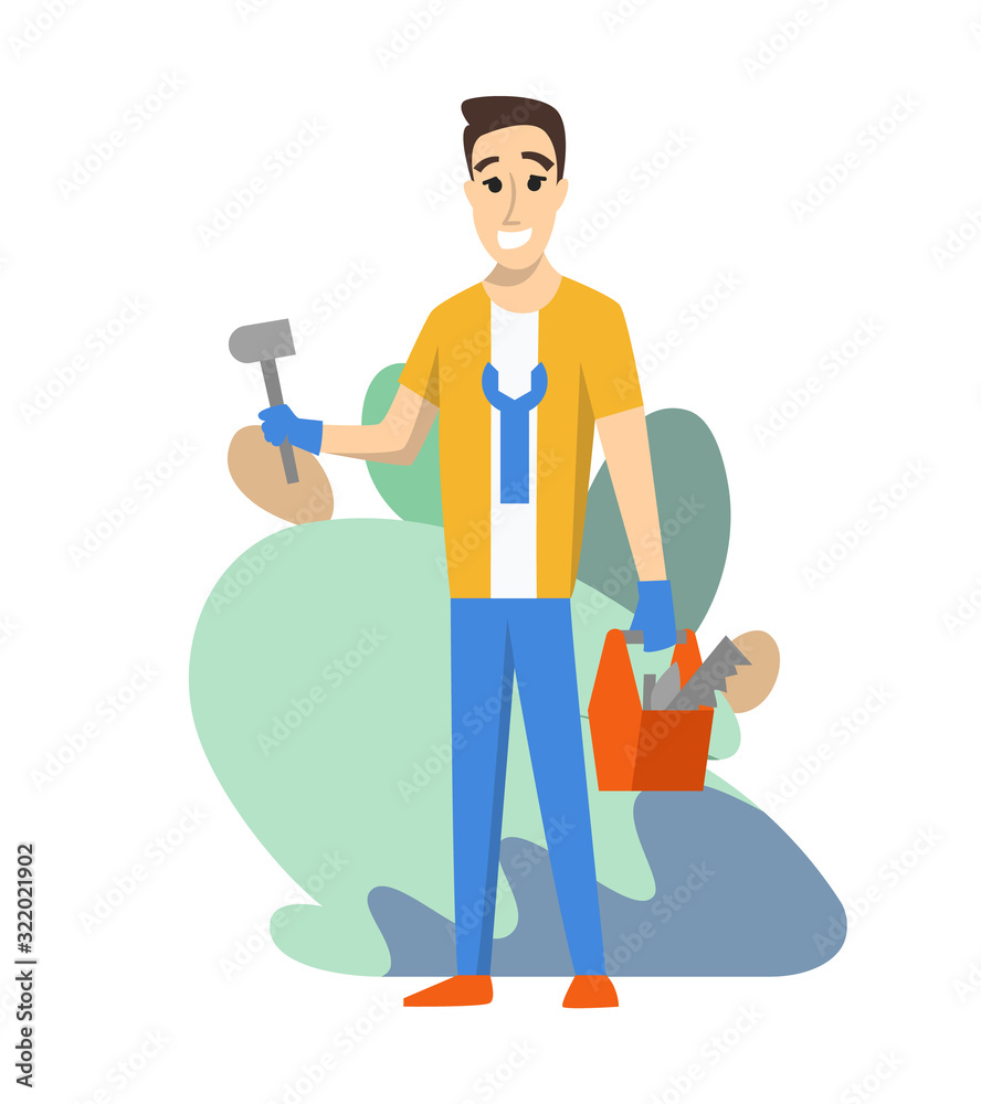 Foreman or worker for building construction. Vector isolated character. Man wearing uniform and using hammer and other instrument for her job