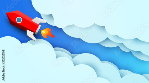 Space red rocket fly in blue sky with clouds. Science concept inspiration. Paper art cartoon 3d realistic trendy craft style. Modern origami design template. Funny cute vector illustration.