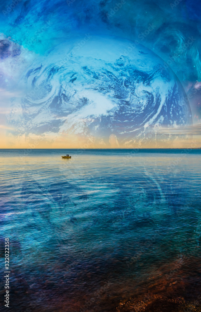 Fiction book cover template - lonely fishing boat floating on tranquil ocean water with planet and galaxy in the skies. Elements of this image are furnished by NASA