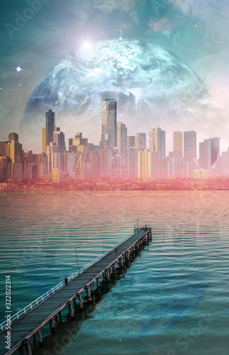 Science fiction book cover design. Alien planet landscape - Long wooden pier at sunset with modern city skyscrapers skyline and planet on the horizon. Elements of this image are furnished by NASA