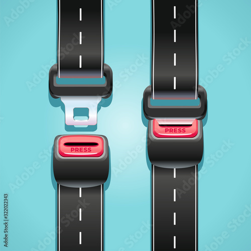 Road safety concept using seat belts in the form of a highway.