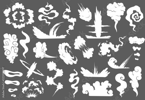 Explosion with smoke cloud. Fog flat isolated clipart for advertising posters, effects and design. Cartoon white smoke. Vector illustration. Isolated on grey background