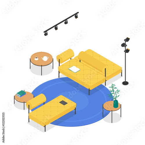 Modern isometric lobby in yellow and blue. Vector illustration in flat design, isolated.