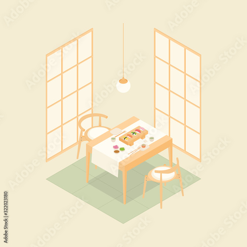 Simple isometric sushi restaurant in light green. Vector illustration in flat design, isolated.