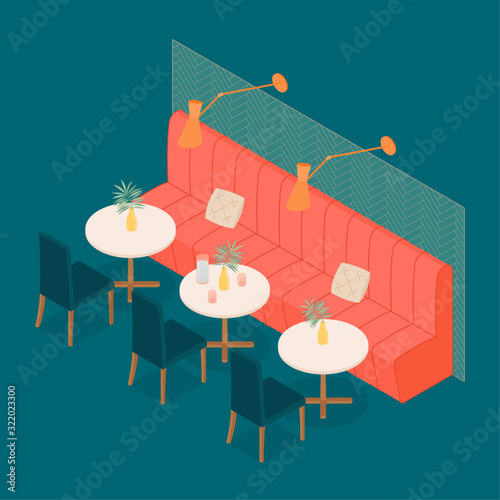 Modern isometric hotel restaurant in emerald green and red. Vector illustration in flat design, isolated.