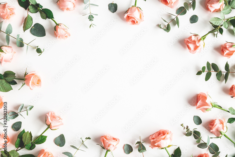 Flowers composition. Rose flowers on white background. Valentines day, mothers day, womens day concept. Flat lay, top view, copy space
