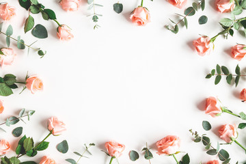 Flowers composition. Rose flowers on white background. Valentines day, mothers day, womens day concept. Flat lay, top view, copy space