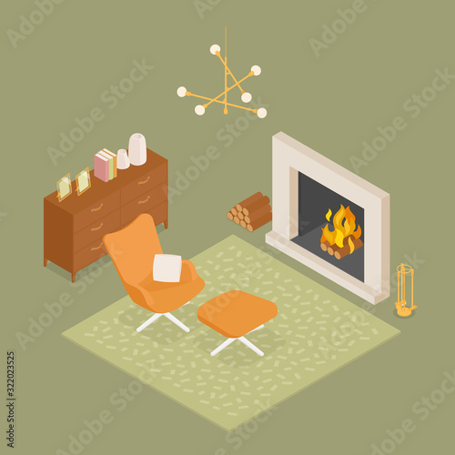 Isometric cozy living room with fireplace in green. Vector illustration in flat design, isolated.