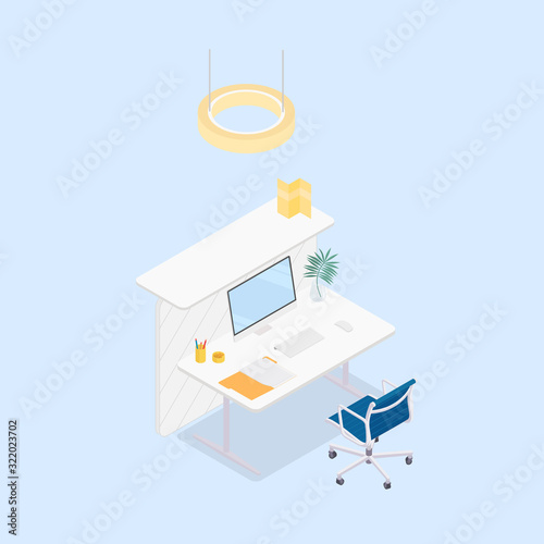 Modern isometric office cubicle in blue. Vector illustration in flat design, isolated.