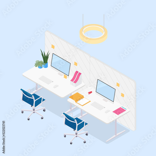 Modern isometric office cubicles in blue. Vector illustration in flat design, isolated.