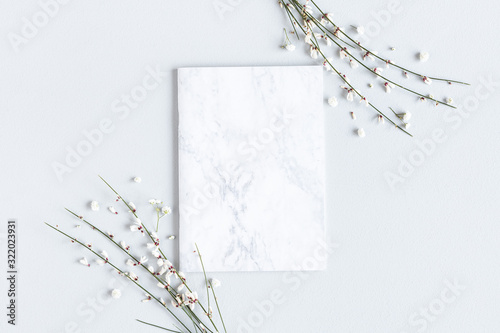 Fototapeta Flowers composition. White flowers, paper blank on gray background. Spring concept. Flat lay, top view, copy space