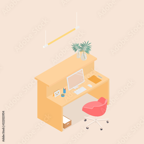 Isometric office cubicle in beige. Vector illustration in flat design, isolated.