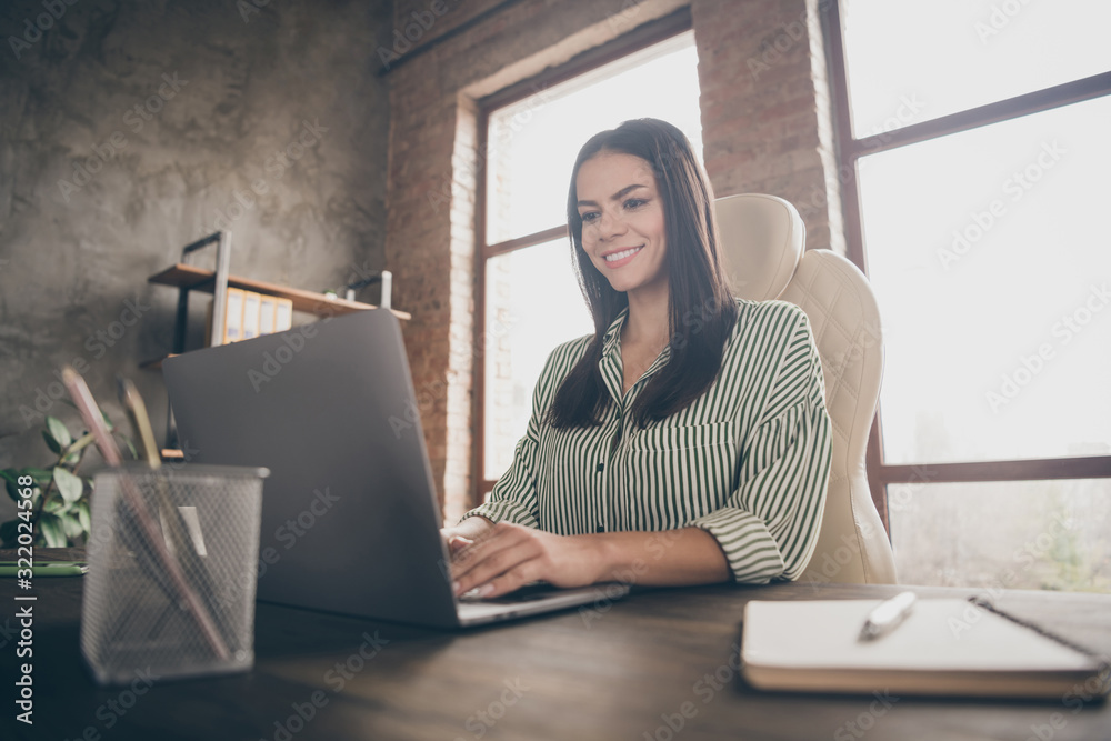 Fototapeta premium Portrait of her she nice attractive cheerful cheery businesslady writing e-mail creating 3d design presentation report data analysis at modern industrial brick loft interior style work place station