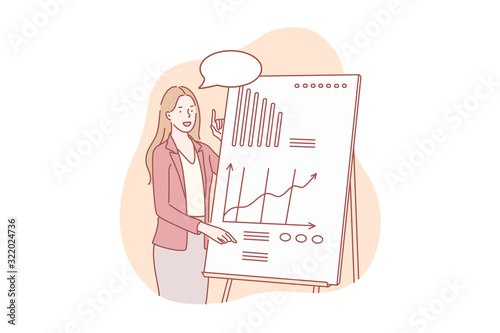 Presentation of business project concept. Young businesswoman shows presentation about company profit growth. Happy girl demonstrates project with graph and chart to investors. Simple flat vector