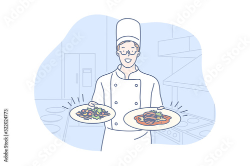 Restaurant, cooking, dish, presentation concept, Young man chef is standing in restaurant kitchen, holding two delicious dishes from new menu. Happy boy cooker offers degustation. Simple flat vector