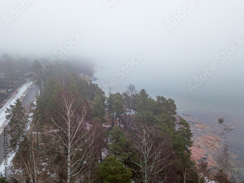 Aerial photo Misty, winter morning. Seascape in Finland