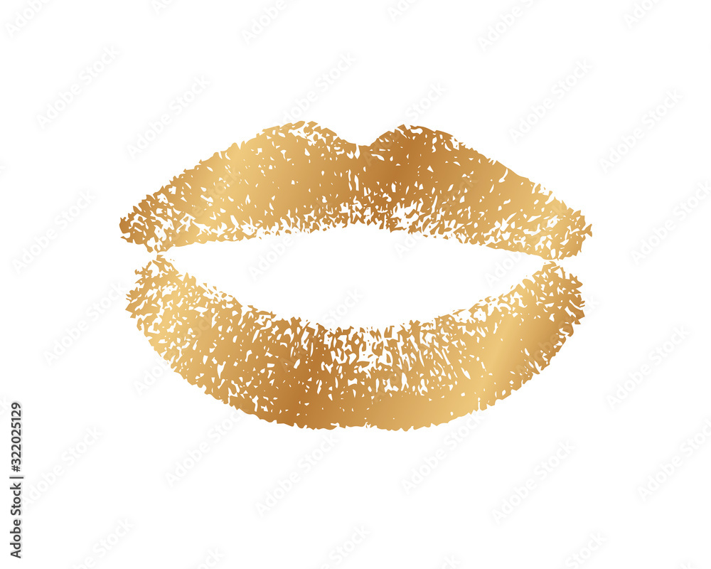 Sparkling golden lips. Kisses for prints. Lipstick golden on white background. Gold imprint lips. Imprint pomade glitterer. Glittering glamorous kiss for design. Lips glamour makeup. Female mouth Sparkling golden lips. Kisses for prints. Lipstick golden on white background. Gold imprint lips. Imprint pomade glitterer. Glittering glamorous kiss for design. Lips glamour makeup. Female mouth