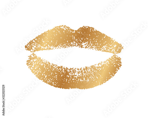 Sparkling golden lips. Kisses for prints. Lipstick golden on white background. Gold imprint lips. Imprint pomade glitterer. Glittering glamorous kiss for design. Lips glamour makeup. Female mouth