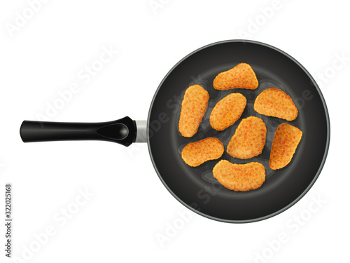 Delicious chicken nuggets on frying pan. Object for packaging, advertisements, menu. Isolated on white. Vector illustration. Realistic.