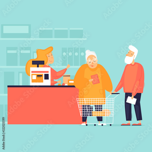 Pensioners buy products in the store. Cashier at the checkout. Flat design vector illustration.
