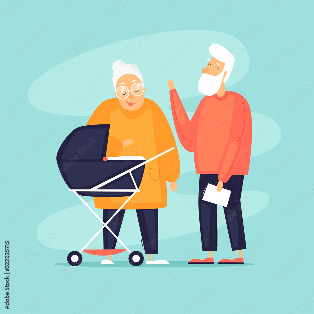 Grandfather and grandmother with grandchildren. Generation. Flat design vector illustration. Grandfather and grandmother with grandchildren. Generation. Flat design vector illustration.