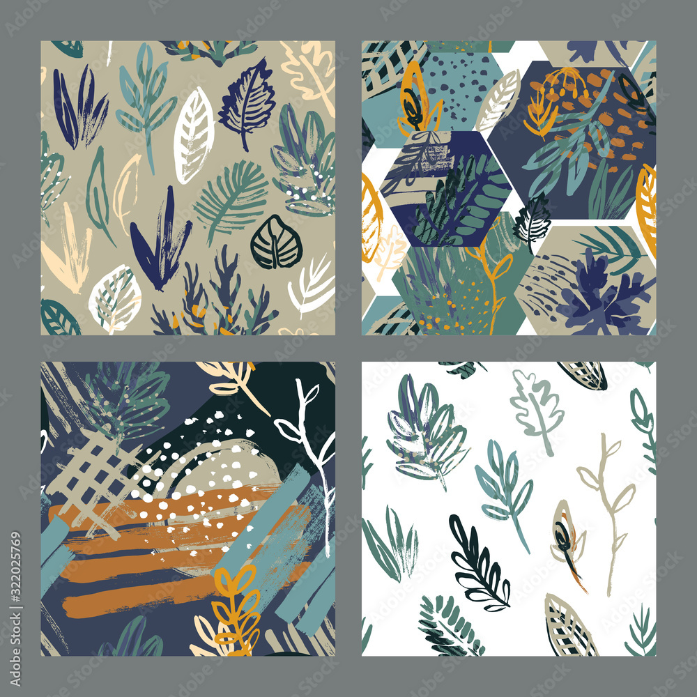 Vector colorful collage contemporary natural seamless pattern. Modern abstract textures, leaves and plants