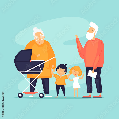 Grandfather and grandmother with grandchildren. Generation. Flat design vector illustration.