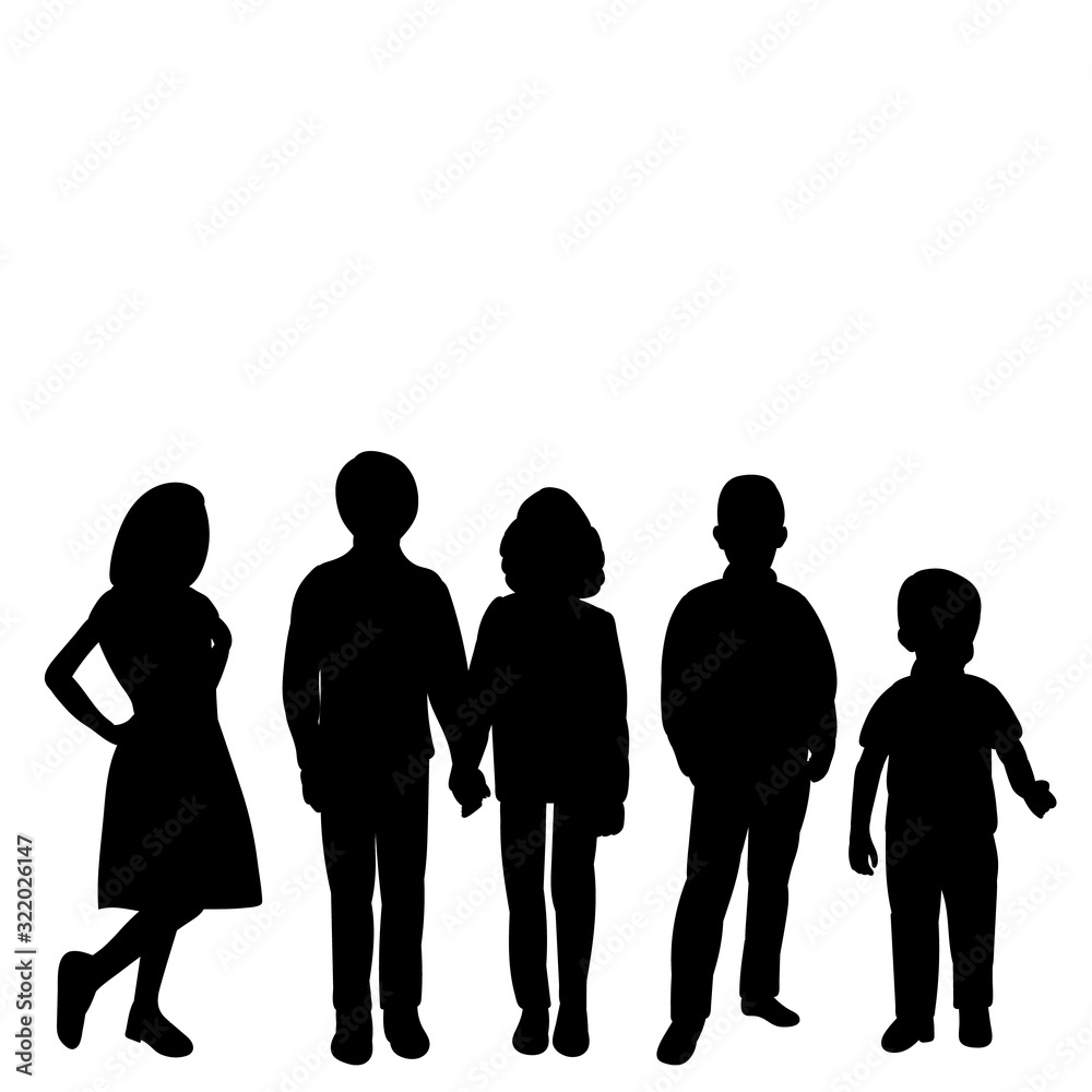  isolated, black silhouette group of children