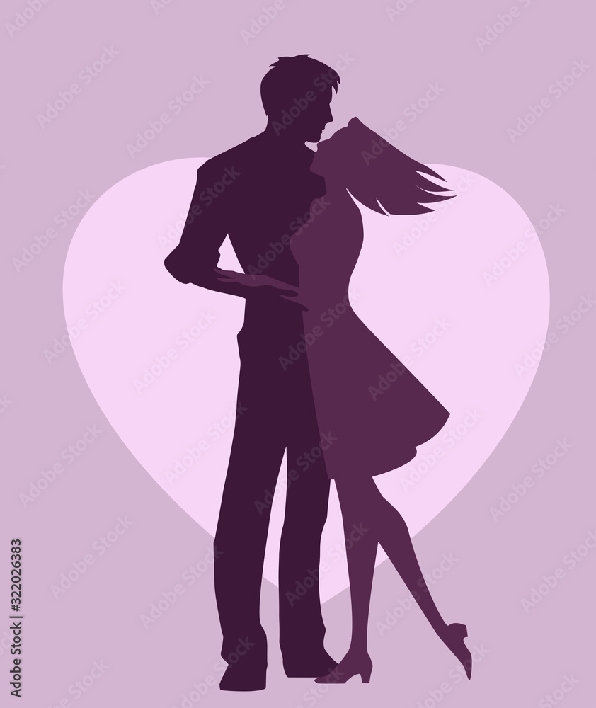 Original graphic silhouette illustration of two people in love, man and woman hugging each other tenderly Original graphic silhouette illustration of two people in love, man and woman hugging each other tenderly